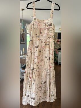 Pink Chicken Sierra Midi Dress Vintage Postcard Print Sleeveless Smocked Maxi